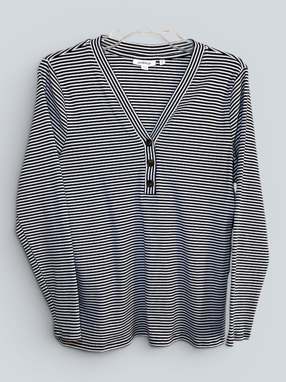 Chico's Black and White Striped Henley Size 2 (U.S. Large)